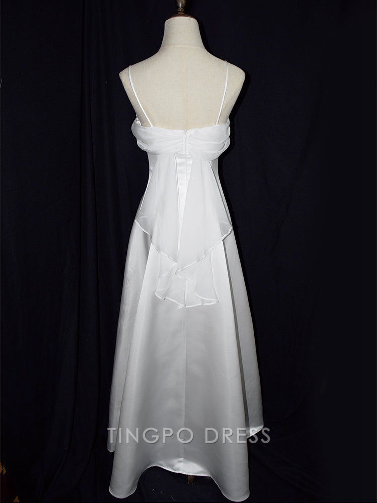 TingPo Wholesale Elegant Vintage White Satin Spaghetti Straps Gown Wedding Dress